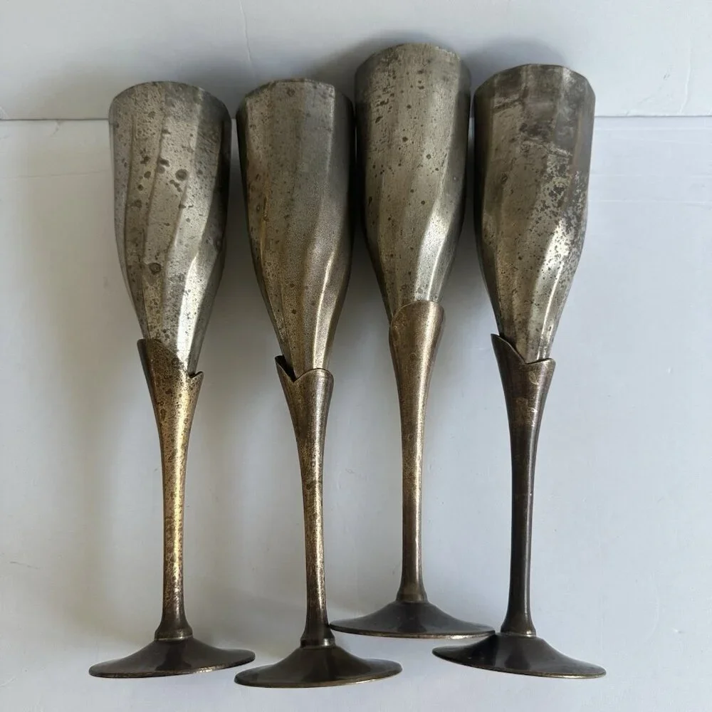 Set Of 4 Vintage Silver Plated&Brass? Stemmed‎ Tulip Champagne Toasting Flutes
